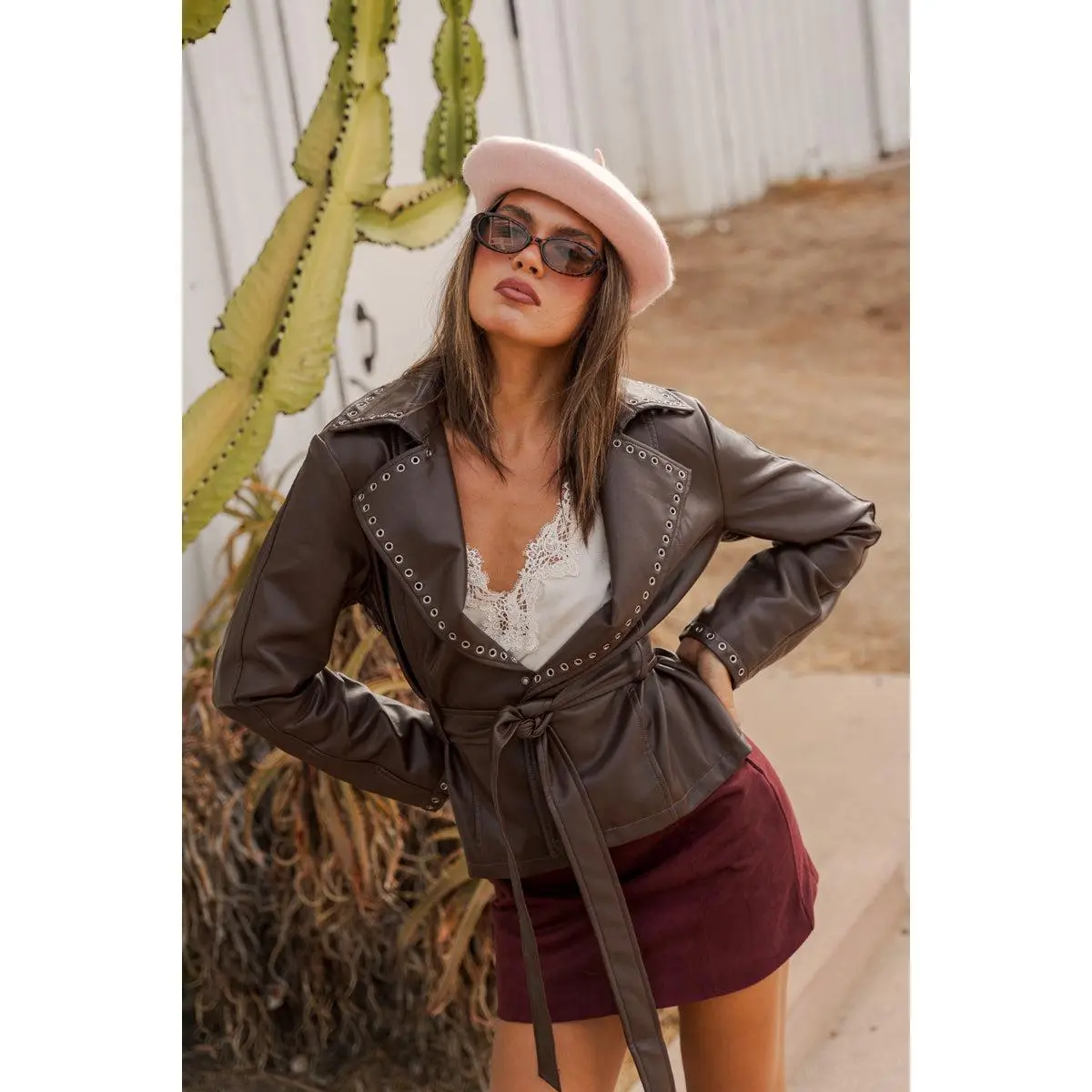 Noelle Long Sleeve Faux Leather Contemporary Studded Wrap Jacket Brown