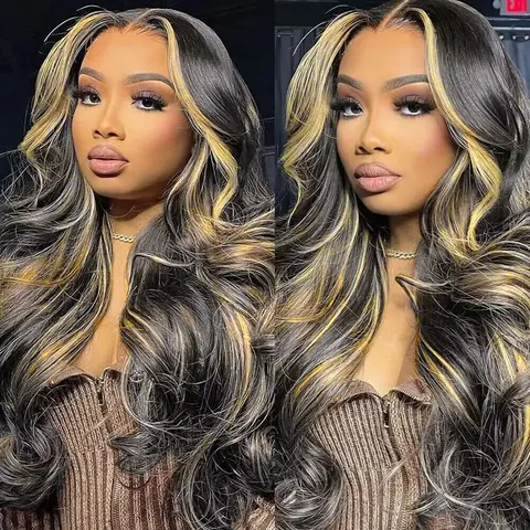 QUANDIAN Women's 13x6 Lace Front Wavy Human Hair Wig - 100% Human Hair, 200% Density Body Wave, Balayage Ombre Highlight, Pre-Plucked Natural Hairline, 22.5 Medium Cap Size, 13x6 Body Natural Black Wig, Wavy Human Hair Wigs