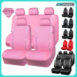 CAR PASS Bling Car Seat Covers,Shining Rhinestone Waterproof Faux Leather Pink Accessories Universal Fit Auto Glitter Crystal Sparkle,Cute Women Girl
