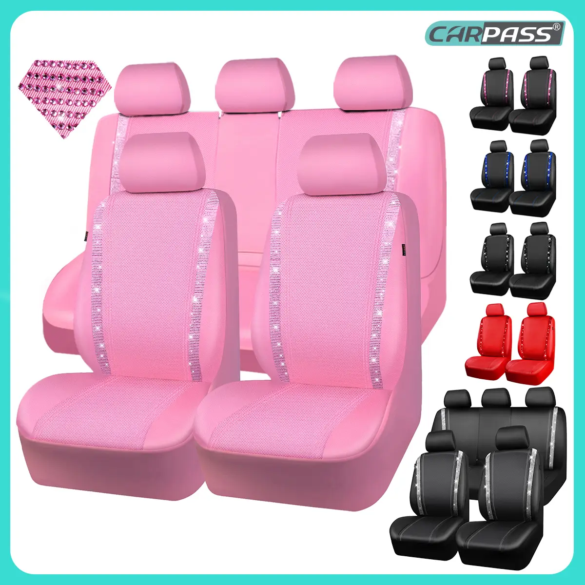 CAR PASS Bling Car Seat Covers,Shining Rhinestone Waterproof Faux Leather Pink Accessories Universal Fit Auto Glitter Crystal Sparkle,Cute Women Girl