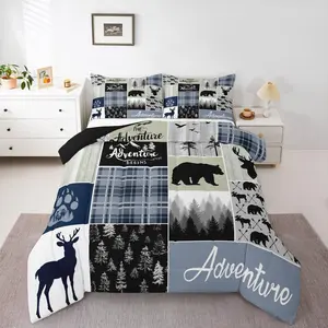 Feelyou Rustic Deer Bear Bedding Set - Country Farmhouse Bedroom Bedding, Cabin Lodge Adventure Grid Claw Comforter Set