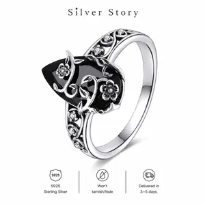 Vintage Gothic 925 Sterling Silver Zircon Ring for Women, Non-Adjustable Retro Flower Carving Statement Ring, Punk Witchy Jewelry Gift for Her, Unique Dark Aesthetic Accessory, Handmade Silver Story Collection