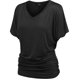 Johnny Women's Casual Solid Short Sleeve Boat Neck/V Neck Dolman Top T Shirt with Side Shirring