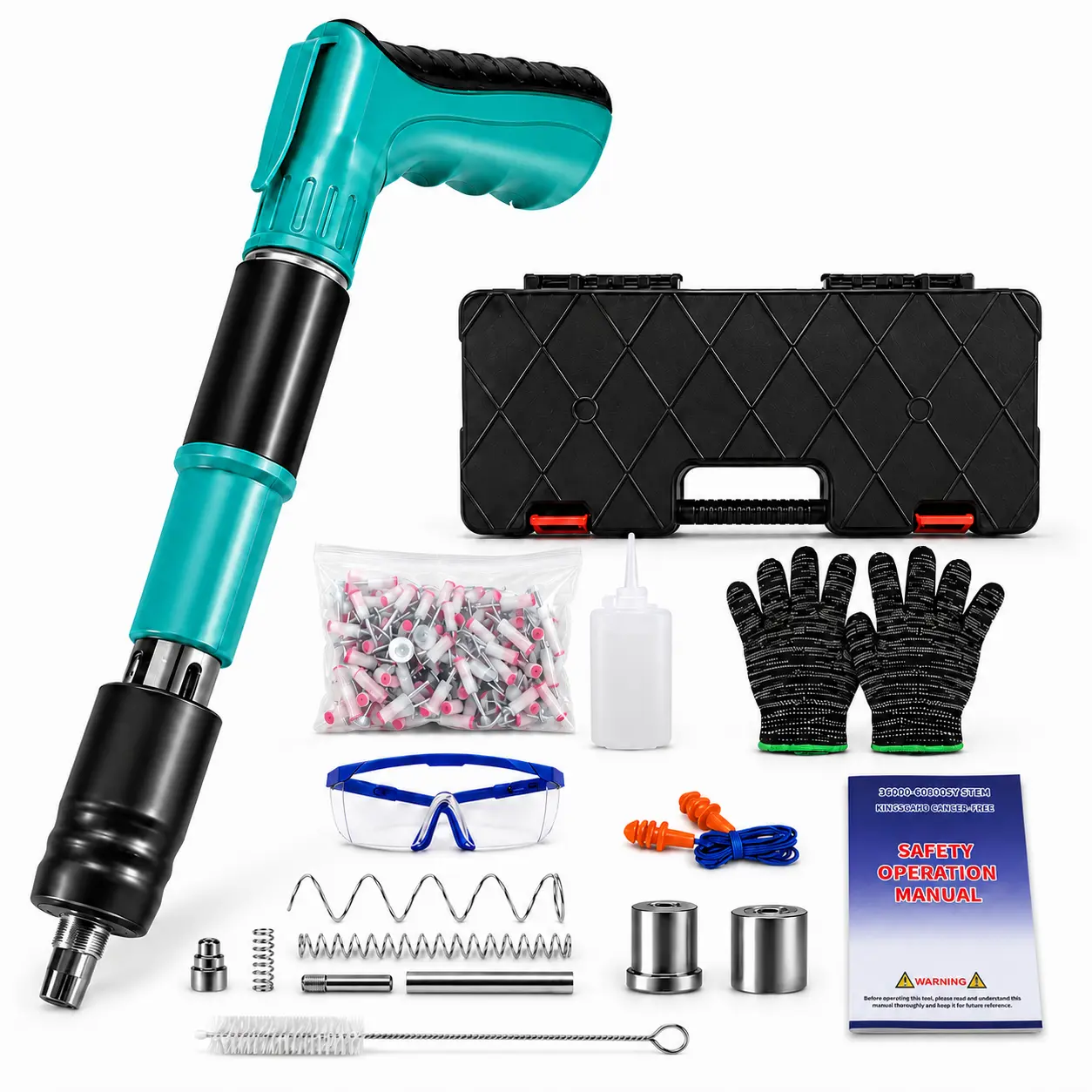 Manual Nail Fastening Tool Kit with Carrying Case, Fasteners, Safety Goggles, Work Gloves, Ear Protection, Cleaning Brush and Spare Parts for Home Improvement and Installation Projects
