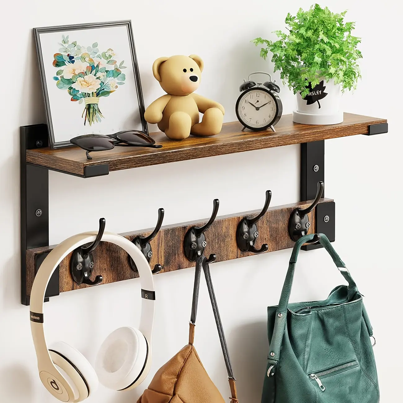 Thickened Heavy-Duty Wall-Mounted Coat Rack - Industrial Style Metal Hooks for Coats and Bags, Multi-Functional Entryway Storage with Dividers, Rust-Resistant Design for Porch, Hallway, or Entry, Shelf with 5 Hooks, Wall-Mounted Coat Rack (Brown)