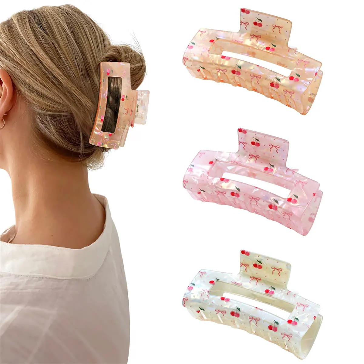 3 Pack Bow Cherry Printed Hair Claws Clips Non-slip 3.54" Medium Square Hair Grip Clawclips Acrylic Strong Hold Banana Clips Hair Accessories