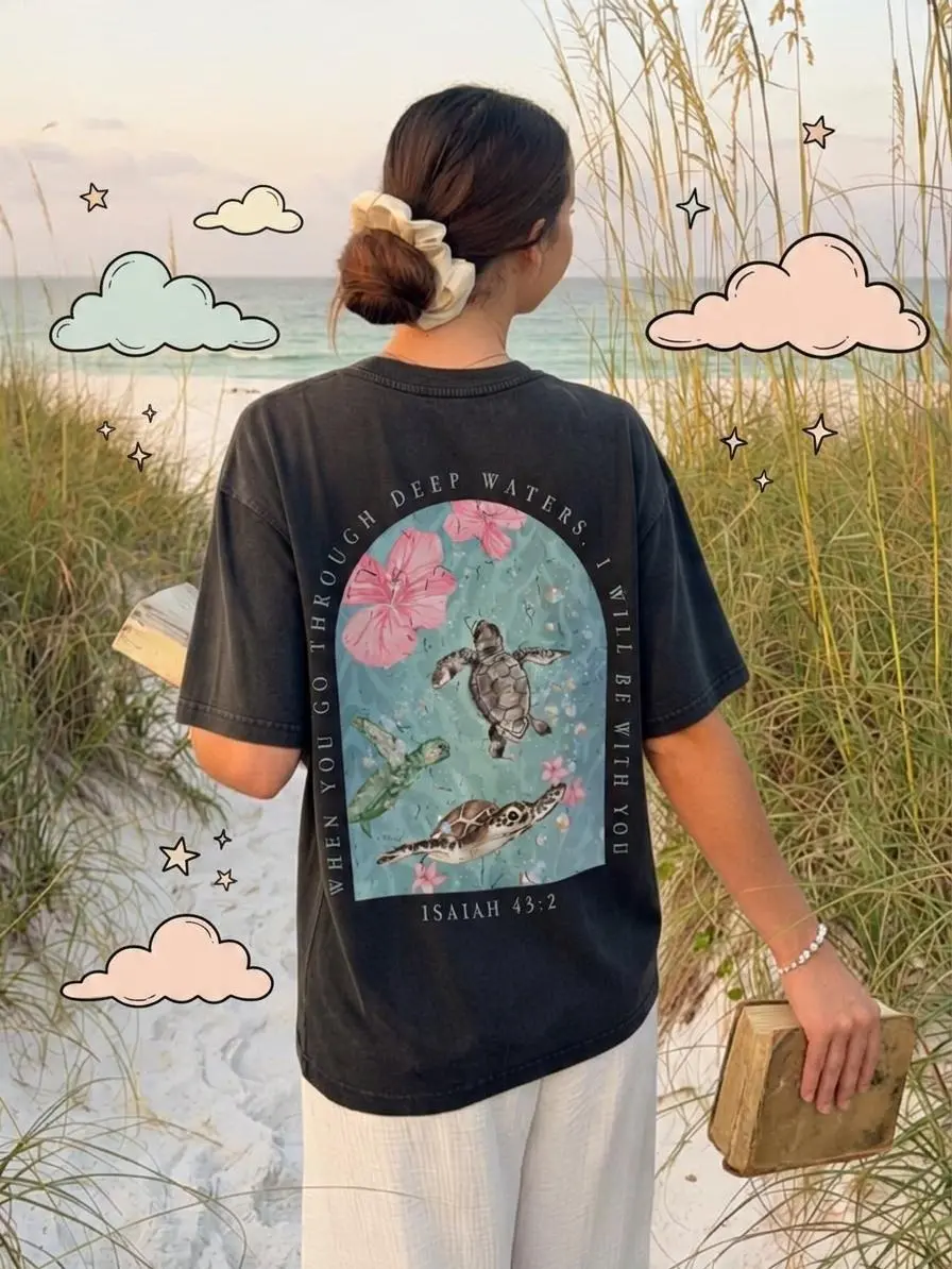 Women's Isaiah 43:2 Graphic Short-Sleeve Top, Vintage Charcoal Black Oversized Boxy Tee, Deep Waters Sea Turtle Faith Bible Verse, Casual Unisex Cut Breathable Cotton Everyday Fit