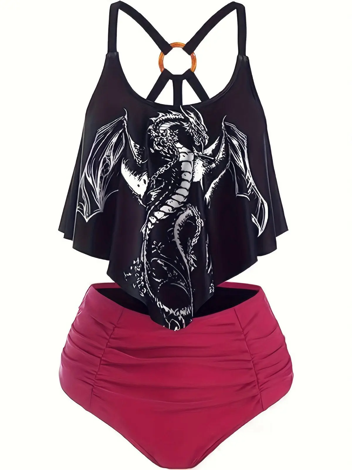1980s Gothic Dragon Back-Cross Ruffle Swimsuit vacation swimwear for women cute summer outfits