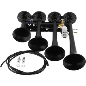 12V / 24V Truck Train Air Horn, 185dB Super Loud Four Trumpet Air Horn for Car Vehicle Truck Train Boat Automotive Replacement Black
