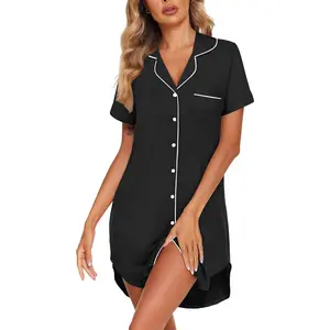 Womens Nightgown Button Down Sleepshirts Short Sleeve Sleepwear Boyfriend Nightshirts Pajama Dress Loungewear Womenswear Homewear Pjs Basic Fitted Minimalist Shortsleeve pajama sets women cute pajama sets pj sets women
