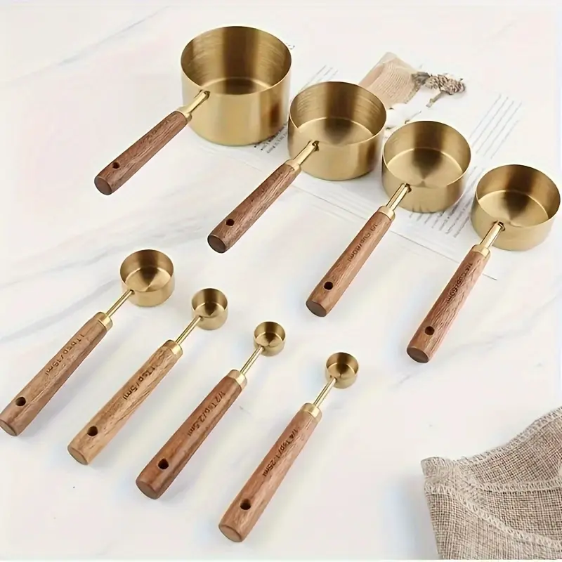 8pcs Stainless Steel Measuring Cup and Spoon Set with Acacia Wood Handles, Kitchen Gadgets for Baking, Spice/Powder/Coffee Utensils, Accurate Portion Measurement Tool, Accurate Portion Measurement Measuring Spoon Sets, Cooking