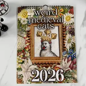 2026 Medieval Cat Calendar, Gentleman Gothic Wall Calendar Planner with Crown Cat Art, Floral and Mushroom Design, Home and Office Decor