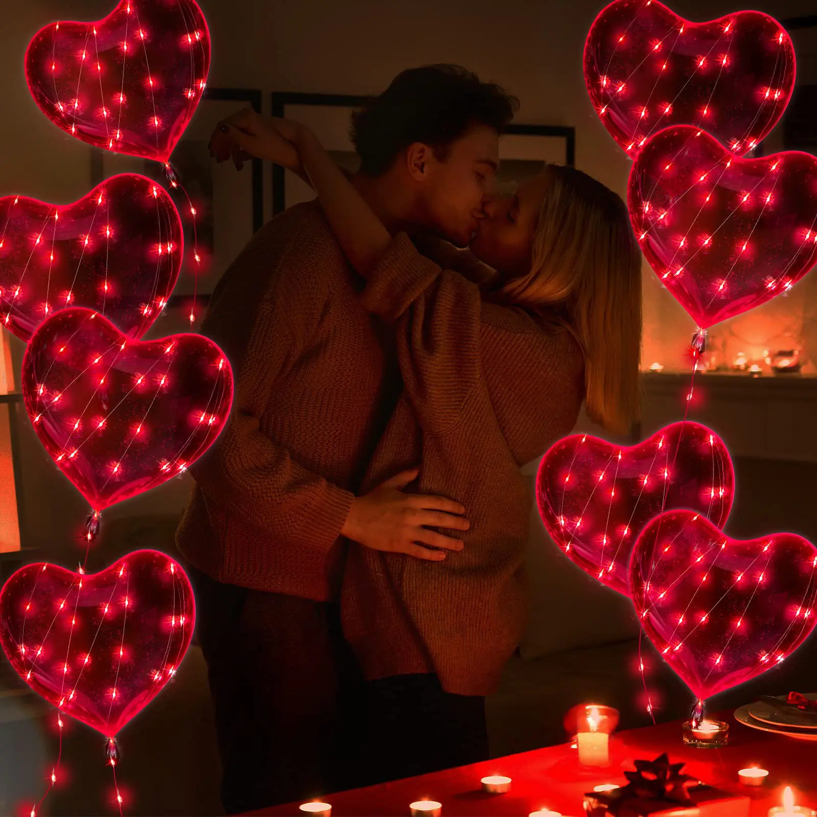 10 PCS Red LED Firefly Light Up Heart Bobo Balloons, Red Heart Shaped Clear Bobo Balloons, Glow Bubble With 10 PCS String Lights for Wedding Birthday Party Valentine's Day Decoration (Red)