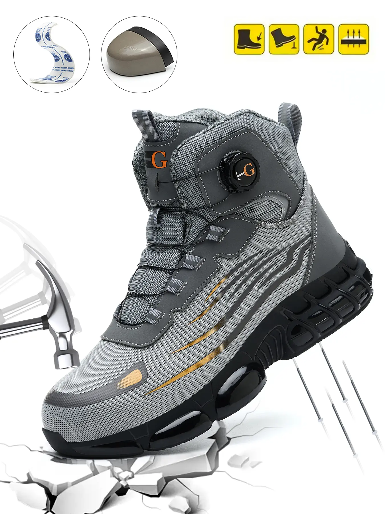 Men's Mid-Cut Steel Toe Safety Work Shoes, Anti-Smash, Puncture-Resistant and Non-Slip, Rotating Dial Lacing, Suitable for Industrial, Construction and Outdoor Use, Father's Day Gift