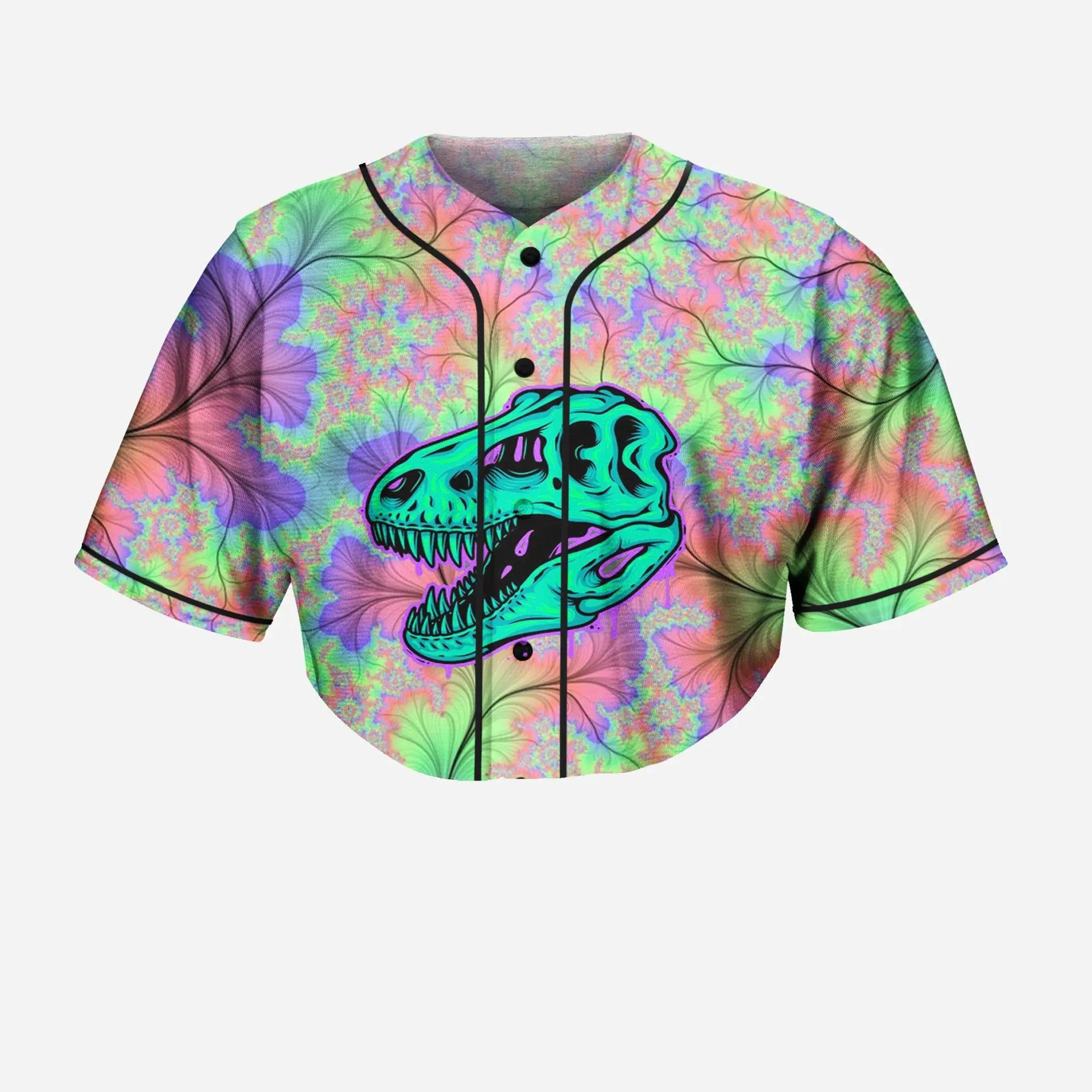 Headbanger T-Rex Inspired Crop Baseball Jersey, Trippy EDM Rave Apparel