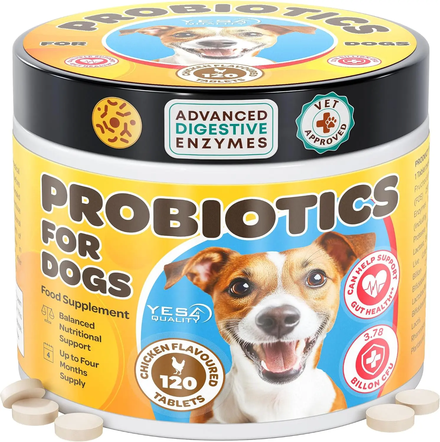 YES4QUALITY Dog Probiotics with Prebiotics Chewables - 120 Tablets, Daily Gut Health Support Supplement for All Dog Sizes, Lactobacillus, Fructooligosaccharides, Chicken Flavor, Dairy Free, Amylase, Protease, Free from Corn, No Artificial Flavors