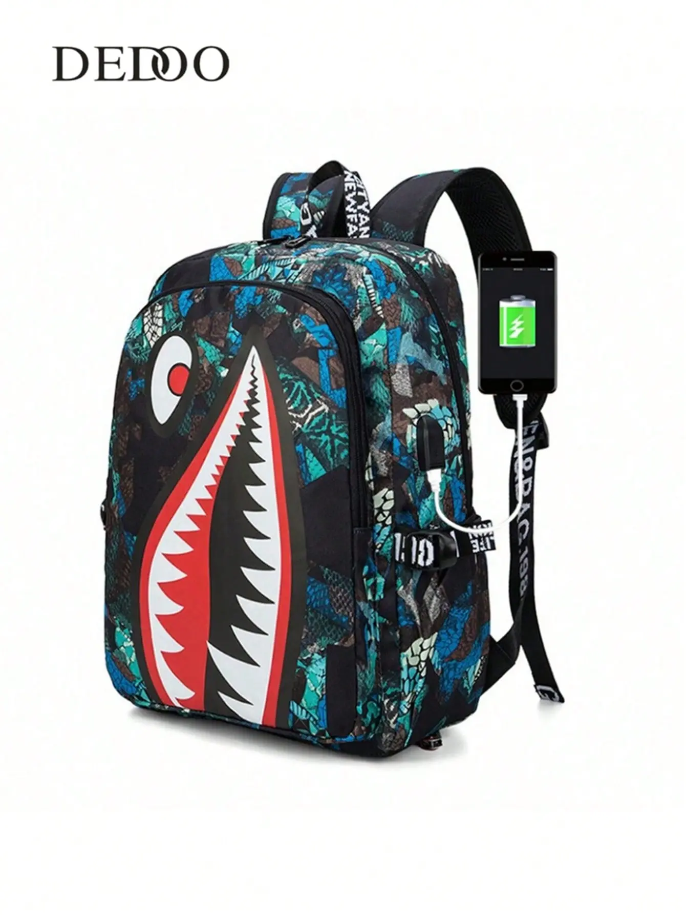 Trendy Retro Blue Green Camouflage Shark Graphic Rucksack Streetwear Style External USB Interface Large Daily Outdoor Backpack，Street Shark Teeth Pattern Schoolbag Travel Pack, Lightweight Wear-resistant Oxford Cloth Rechargeable Student Daypack