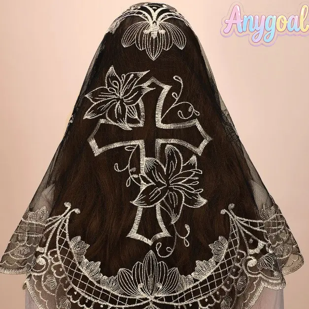 Anygoal Bozidol Catholic Cross Embroidered Lace Mantilla Veil, Triangle Sheer Church Head Covering, Traditional Spanish Style Veil, Elegant Head Scarf for Mass, Weddings and Religious Events band hair beach outfits summervibes,summerwins