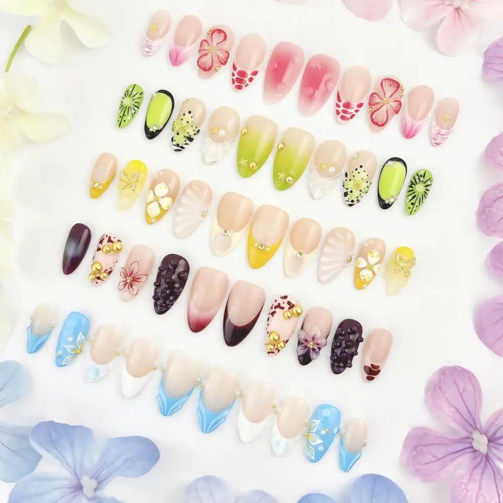 BUY 2 GET 1 FREE! ManiTips Press On Nails 16pcs/28pcs Reusable Gel Salon Quality 3D Floral French Tip Fake Nail Art Manicure for Autumn Fall Winter Spring Summer Holiday Vacation Beach