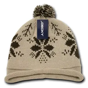 212 MAIN Dog & Cat Roll-Up Beanie - Decky 611B-STN Style, Acrylic Knit, Snowflake Design, Pom Accent, Rolled Cuffs, Stone & Brown Colors