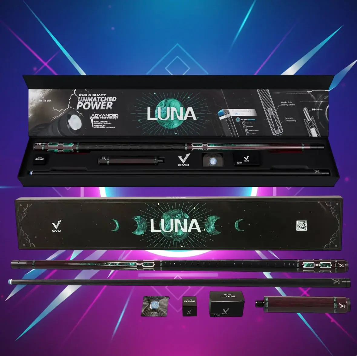 EVO LUNA Maxbing Edition - Malachite Eclipse | Purity, Clarity, Hidden Power | Premium Glassfiber Cue + Complete Player Kit