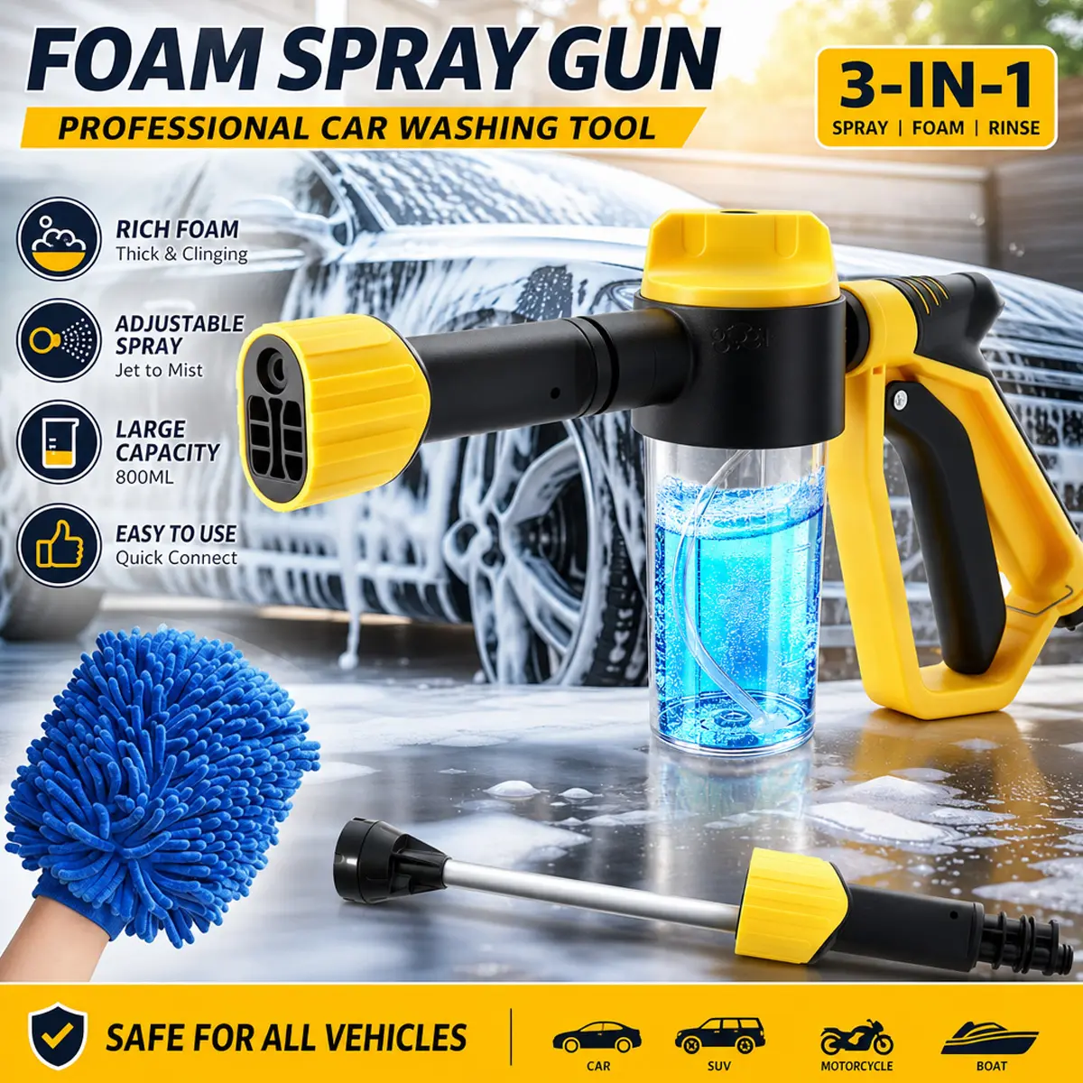 Car washing foam gun, with an additional nozzle, 3 spray modes, water pressure increased by 50%, suitable for hose foam sprayers for cars, trucks, campers, motorcycles, and comes with cleaning gloves.