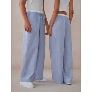 Men's Woven Stripped Loose Wide-leg Casual Straight Pants, Going Out Long Drawstring Baggy Basic Light Blue Slacks Pants, Fits Daily Wear, Husband, Boyfriend gifts.