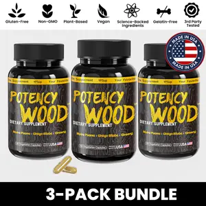 Potency Wood - 3 Bottles - Energy Stamina Supplements - Ginseng Ashwagandha Gingko Tribulus, Adaptogen, Brain, Immune Health, Antioxidants, Anti-imflammation