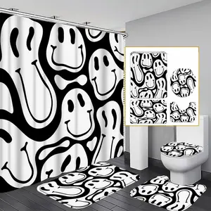 1/3/4PCS Twisted Smiley Face Shower Curtain Set, 71x71 Inches, Includes Background Pattern, Comes with 12 Hooks, 1/3/4pcs Options