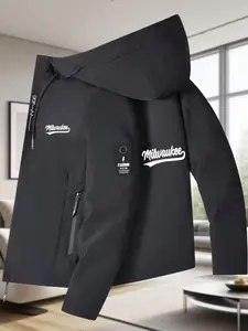 Men's New Hooded Jacket with Milwaukee Logo Print, Full Zipper Front, Casual Outdoor Wear, Fishing Cycling Fashion, Spring & Fall Long Sleeve Coat