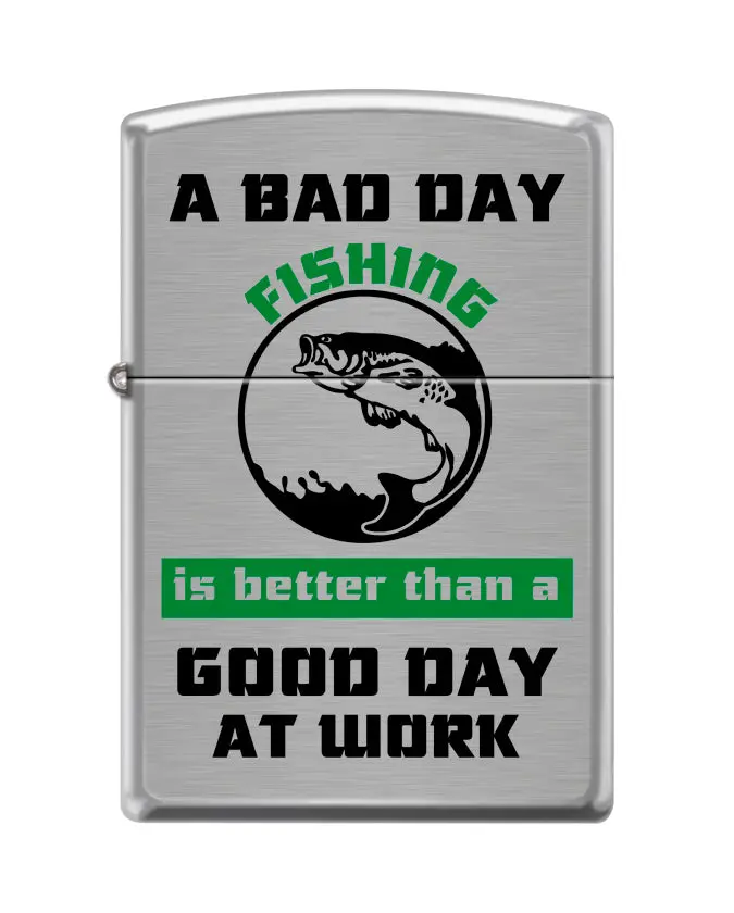 Zippo Bad Day Fishing Windproof Lighter - Brushed Chrome, All Metal, Refillable, Eco-Friendly, Minimalist - Lighter Accessories with Lifetime Guarantee, Click Sound, Eco-Friendly Gift Box, Made in USA for Fishing Enthusiasts, Classic Lighter Accessories
