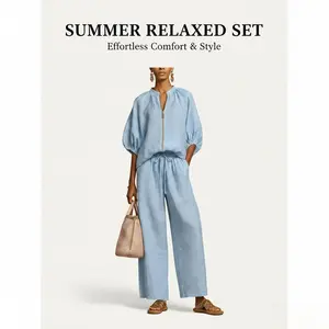 Women's Summer Relaxed Set Quarter Zip Pullover Top & Wide Leg Pants 2 Piece Sweatsuit Casual Outfit Lightweight Soft Polyester Spandex Blend - Clothes, Womenswear