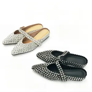 Women's Light Luxury Diamond-Studded Pointed-Toe Strap Half-Slip-On Solid Heeled Flats - Elegant All-Season Shoe, Versatile Footwear for Commuting, Parties