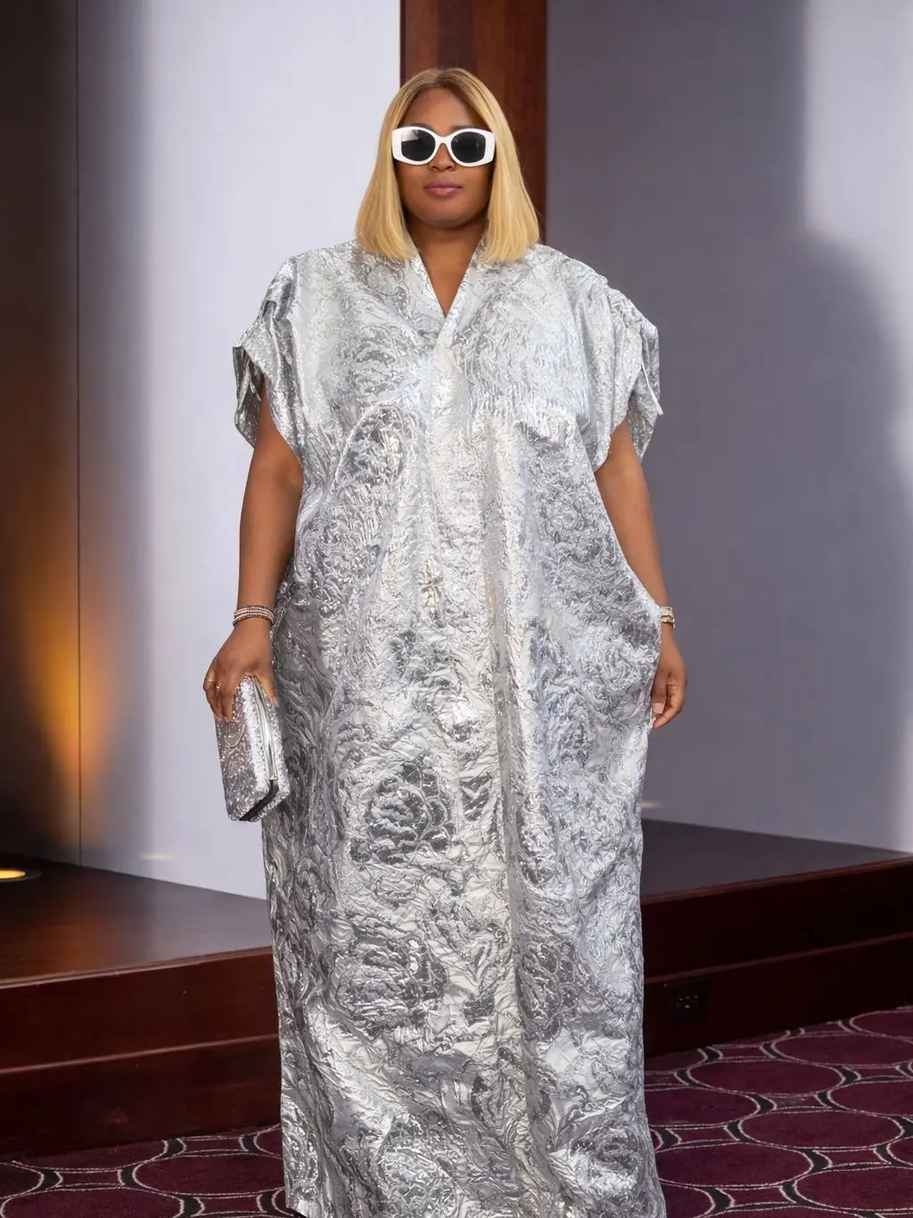 Luxe Silver Metallic Floral Jacquard Oversized Kaftan Gown