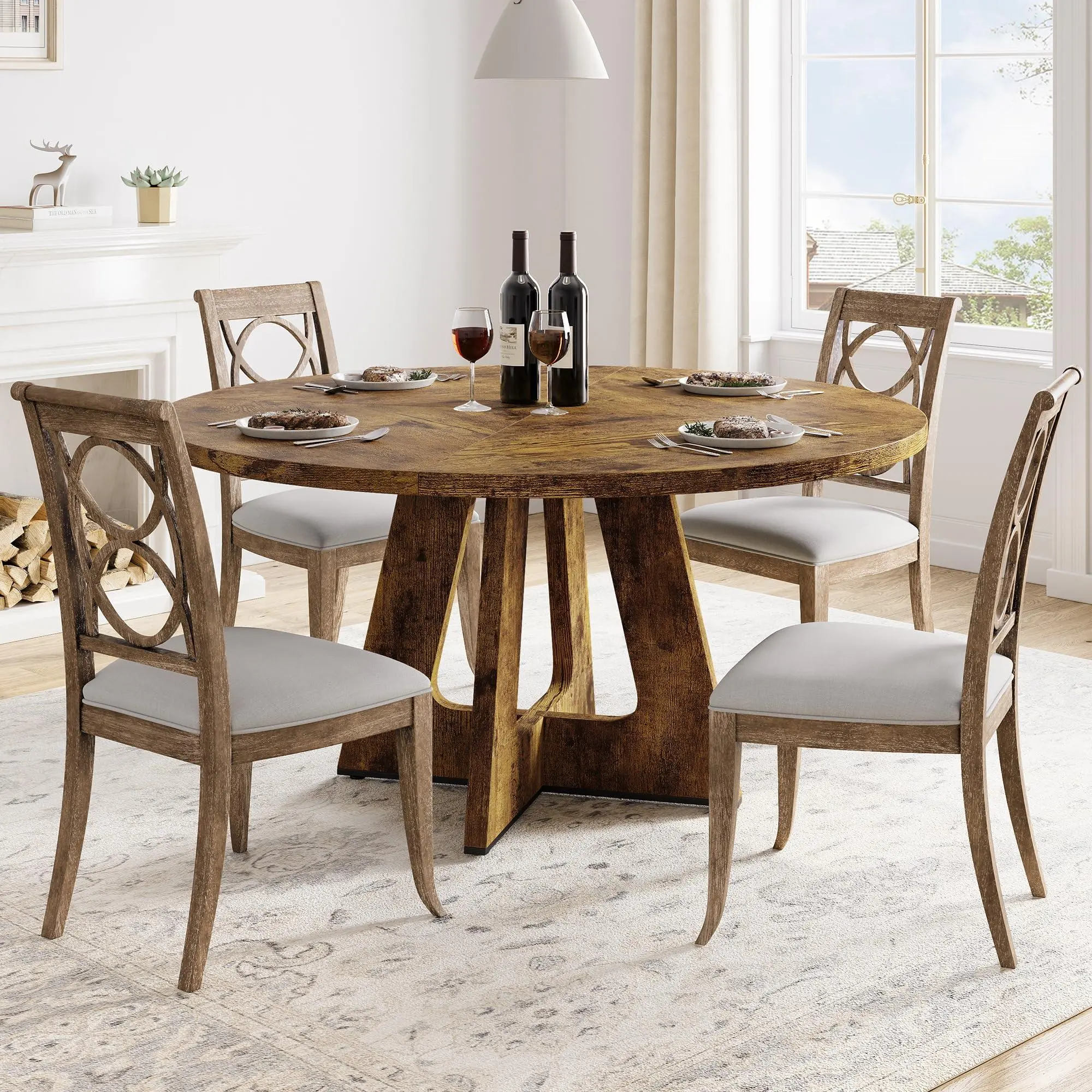 47 Inch Round Dining Table for 4-6 People, Circle Dinner Table with Wooden Cross Pedestal Base, Farmhouse Kitchen Furniture for Dining Room, Living Room, Kitchen (Table Only) - Rustic Brown,home decor,camping essentials