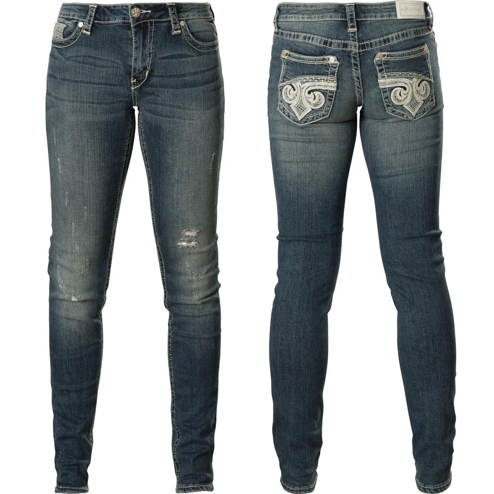 Affliction Women's Gwen Wash Jade Fleur Skinny Jeans - Distressed Cotton-Spandex Denim Pants with Embroidered Rhinestone Pockets, Zipper Closure