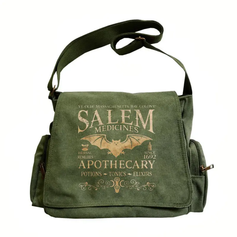 Messenger bag for Valentine’s Day, large-capacity flap design, retro tote crossbody messenger bag featuring a Salem pharmacist bat pattern and vintage lettering. Perfect for everyday outings and travel, an excellent choice for gifting to your girlfriend.