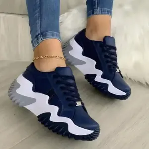 Women's Thick-Soled Wedge Sneakers - Lace-Up Design, Cushioned Platform Heel, Navy Blue and White, PU Synthetic Leather Upper Decoration, Non-Slip Rubber Sole, Suitable for Daily, Office, and Formal Occasions - Four Seasons Comfortable Shoes, Versatile Ca