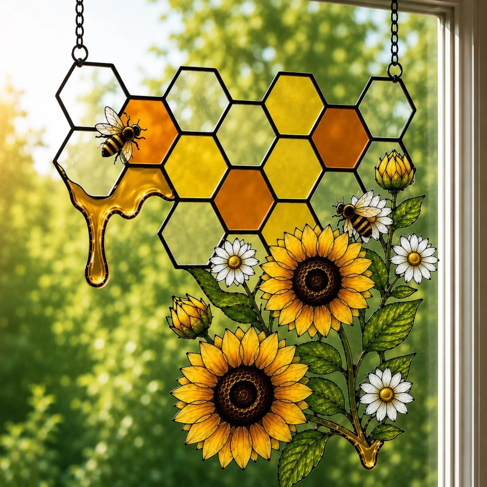 Honeycomb Acrylic Suncatcher, Sunflower Daisy Window Charm, Bee Garden Decor, Spring Summer Home Gift