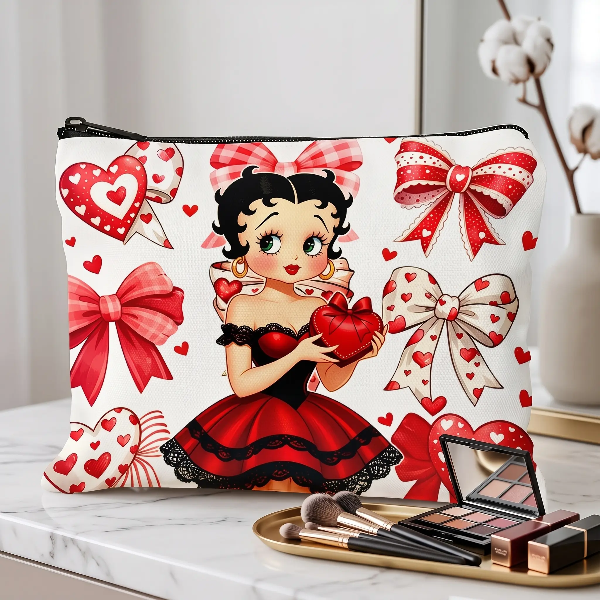 Retro Cartoon Girl Valentine Makeup Bag, Polyester Cosmetic Pouch, Cute Heart Bow Travel Makeup Organizer for Women, Vintage Cartoon Style Toiletry Bag Gift