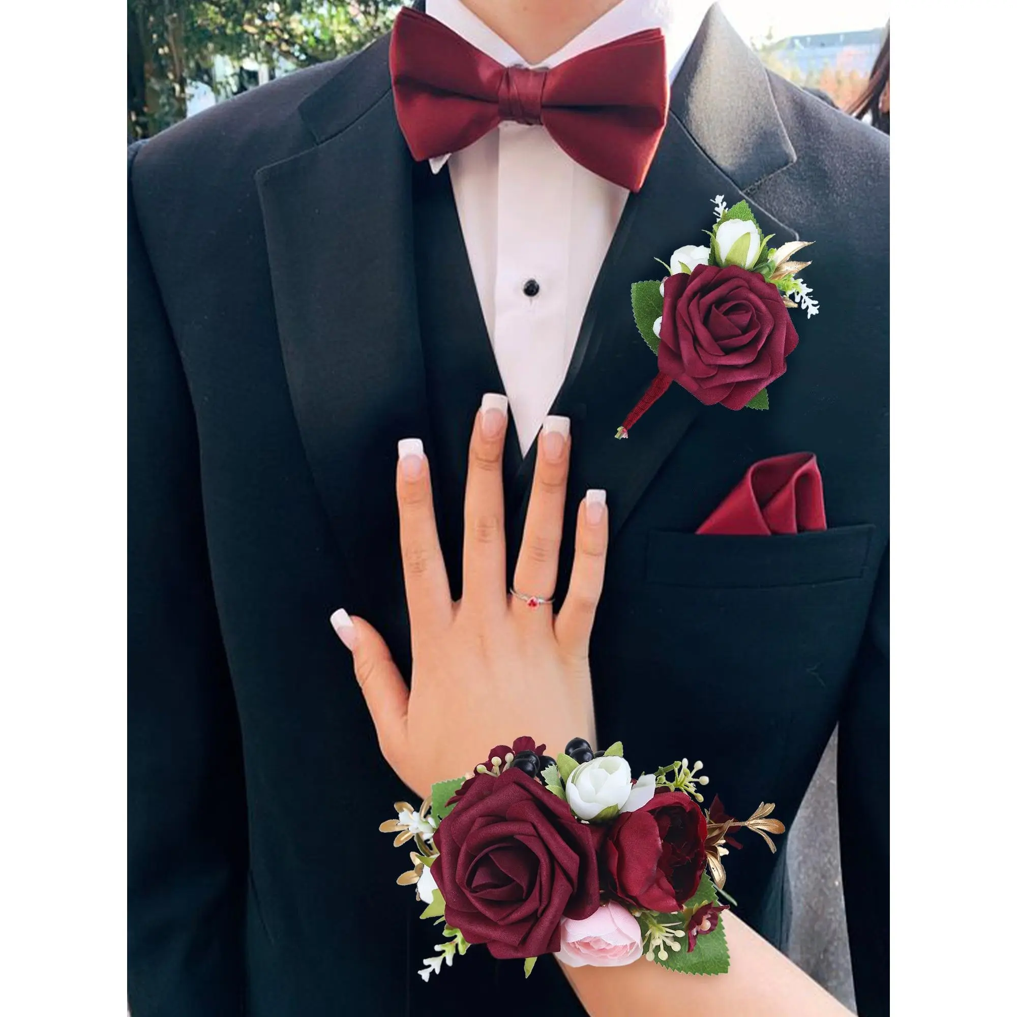 Rinlong Silk Floral Corsage and Boutonniere Set with Burgundy Bow, Compact Wedding Supplies for Men