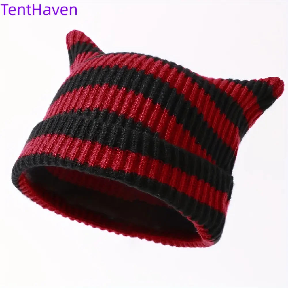 2026NewAutumn and Winter Cat's ears (Steamed cat-ear shaped bread) Knit Hat Korean Women's Cute Versatile Stripe Cow Ear Wool Hat