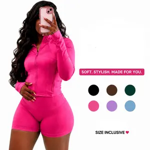 Breathable Elasticity Gym Set - Women'S 2 Piece Workout Set Zip-Up Jacket & Shorts - Casual Activewear For Fitness & Athleisure Trend, Women's Clothes, Outfits