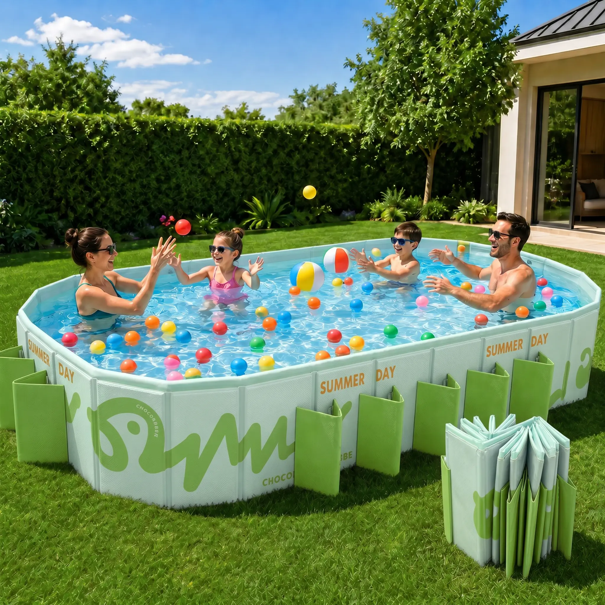 Mandla 122” x 65” x 19.7” Foldable Swimming Pool, Non-Inflatable Large Family Pool for Kids & Adults, Portable Hard Side Above Ground Pool with Drain Valve for Backyard Summer Fun