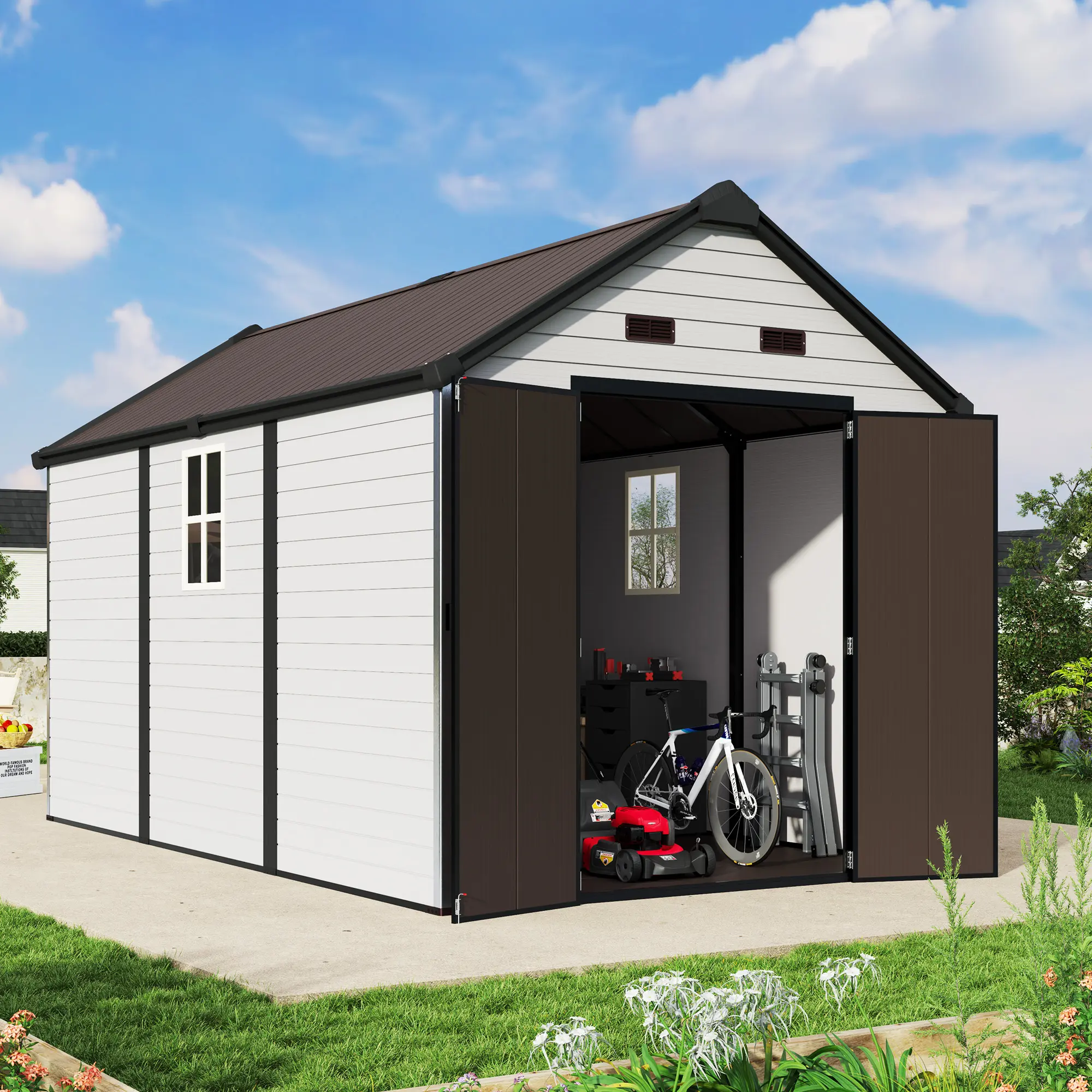 [Ships in 4 Boxes] AMERLIFE Resin Storage Shed with Floor, Lockable Outdoor Storage Shed with Windows, Vents, All-Weather Use Plastic Structure for Garden, Backyard, Patio, Lawn – White & Brown[tiktokshopbacktoschool][SohoChic]