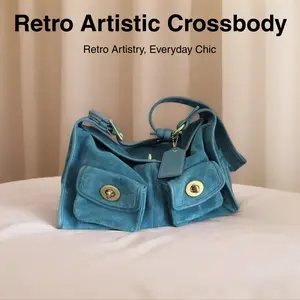 Multi-Pocket Single Shoulder Pillow Bag Retro Artistic Crossbody Bag Casual Wide Shoulder Strap Commuter Bag