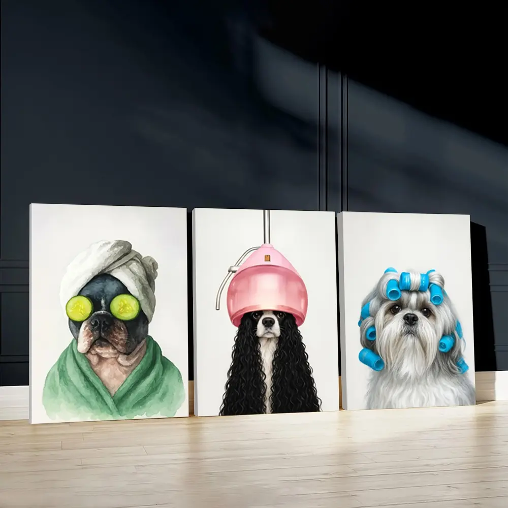 3pcs hilarious dog Wall Art, quirky grooming Poster, playful humor Art Prints, charming style Home Decor, Art Wall Decoration, Modern Wall Paintings, Canvas Posters Wall Arts, Decor for Living Room, Housewarming Gift, With Frame