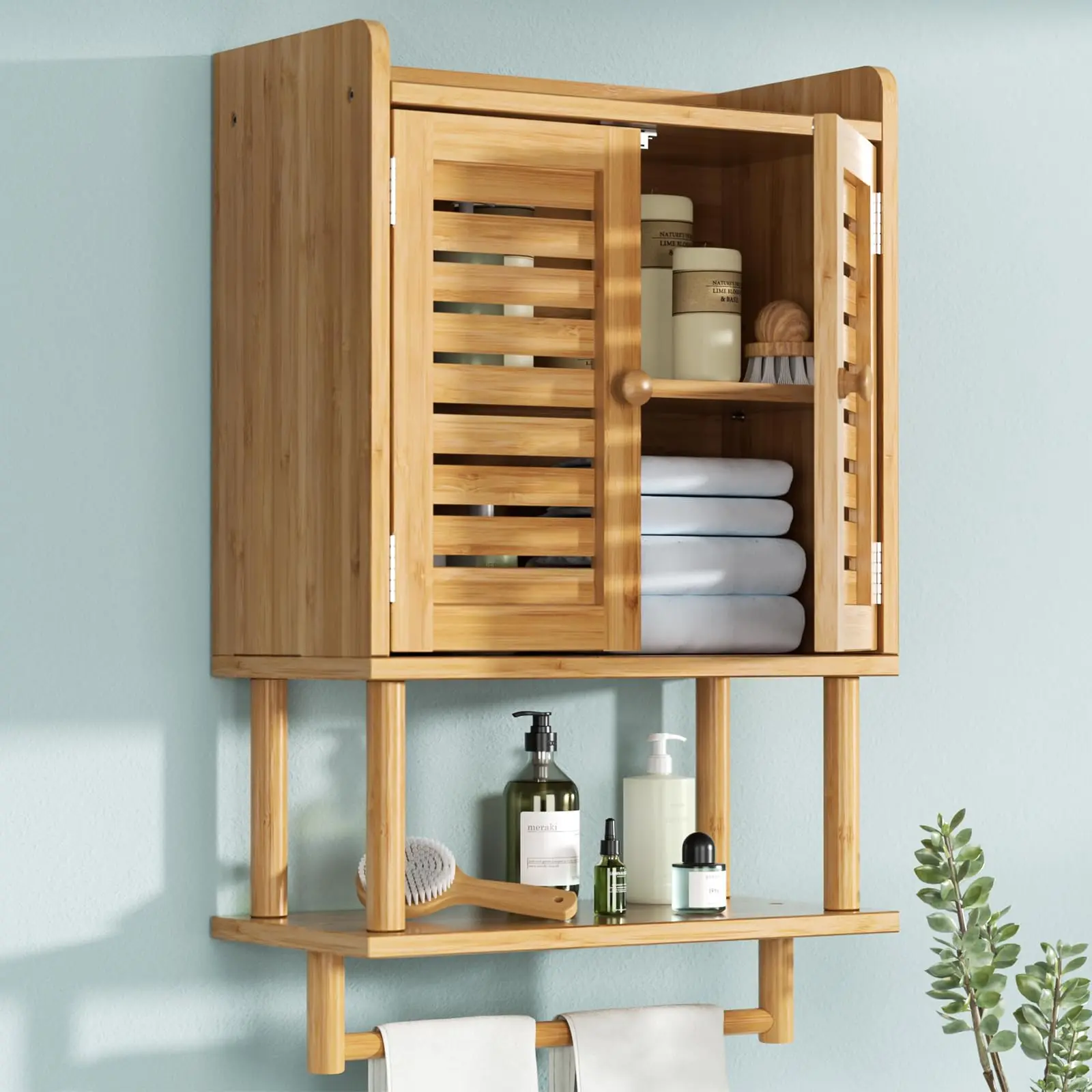 AmazerBath Bathroom Wall Cabinets, Bamboo Medicine Cabinets with Towel Bar, Wall Mounted Storage Cabinet with Adjustable Shelves, 2 Doors Over The Toilet Storage for Small Spaces