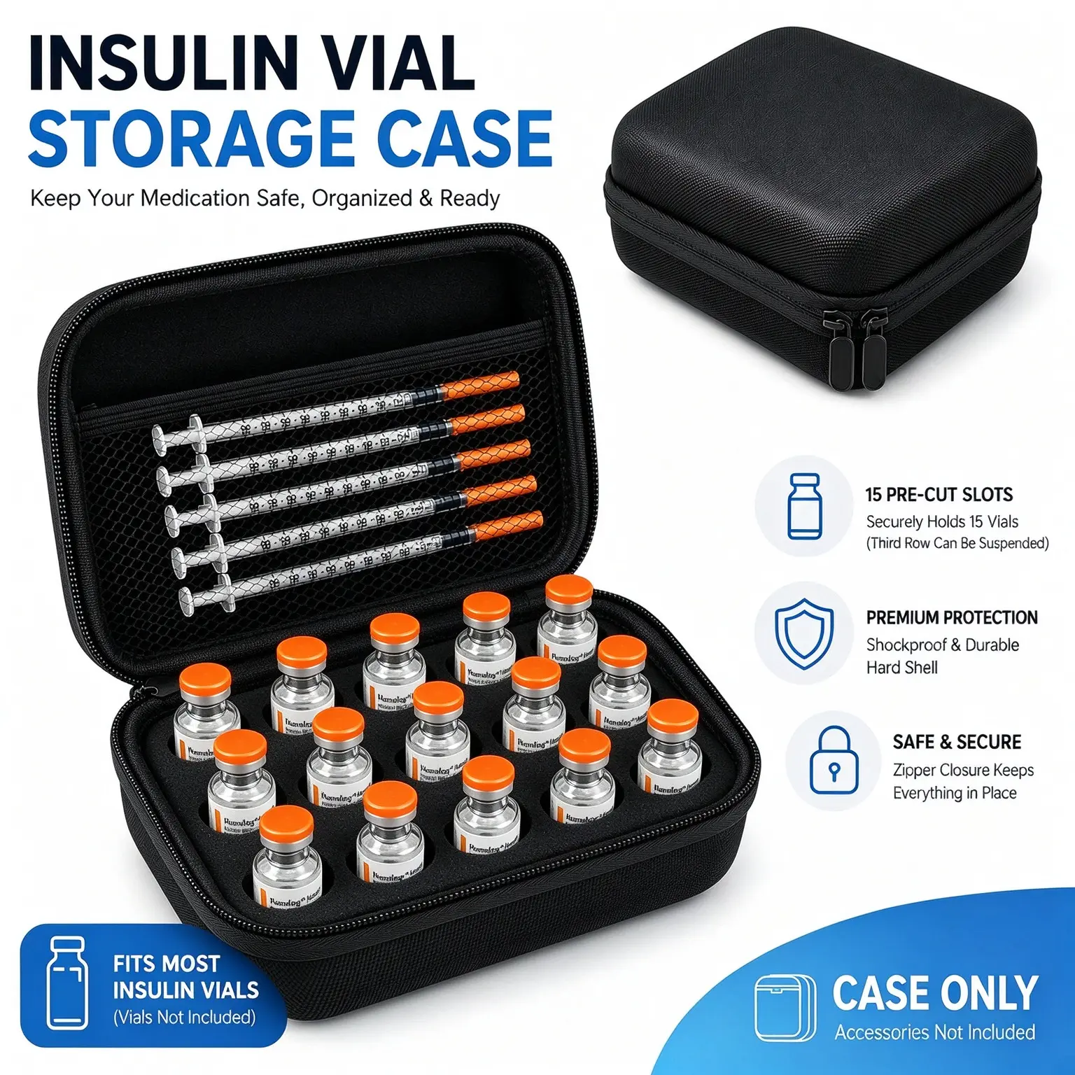 15-Slot Rectangular Zippered Peptides Storage Box - EVA Hard Shell Sealable Zip Pouch, Portable Home Organizer, Fits Standard 10mL Vials, Fridge-Use Vial Storage Solution, Peptides Storage Boxes, Sealable Storage Boxes