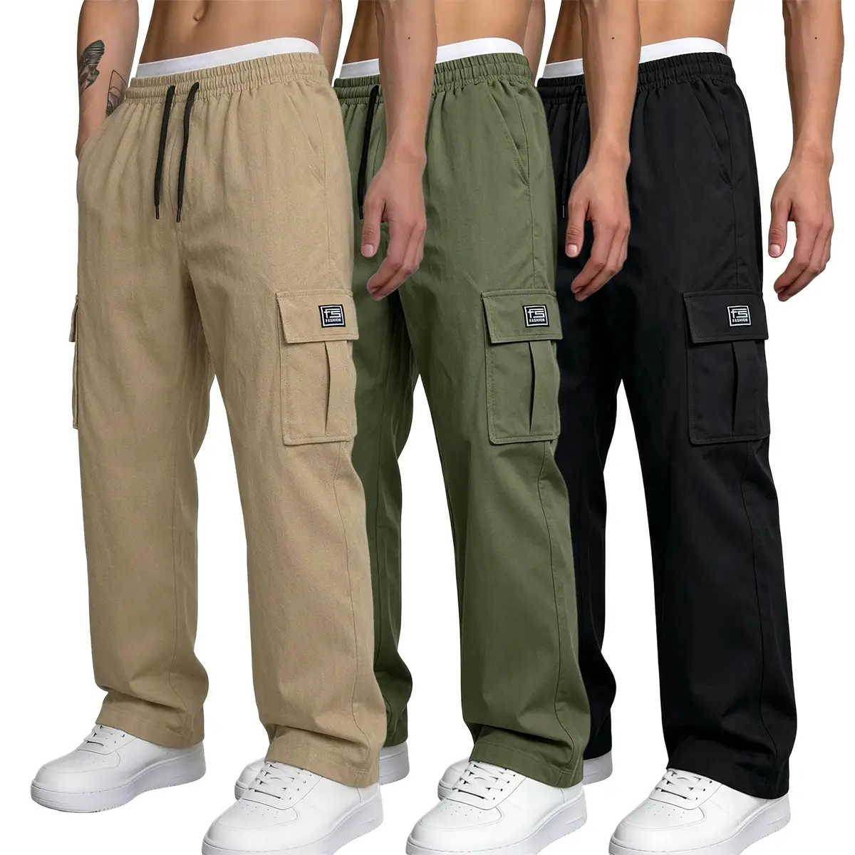 Men’s casual cargo pants — multipack, drawstring elastic waistband, lightweight beige cargo pants, plain loose casual fit, multi-pocket design, minimalist style, comfortable and easy to care for, with a stylish tag